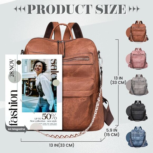 Women Backpack Purse PU Leather Waterproof Multiple Pockets Adjustable Straps main image 4